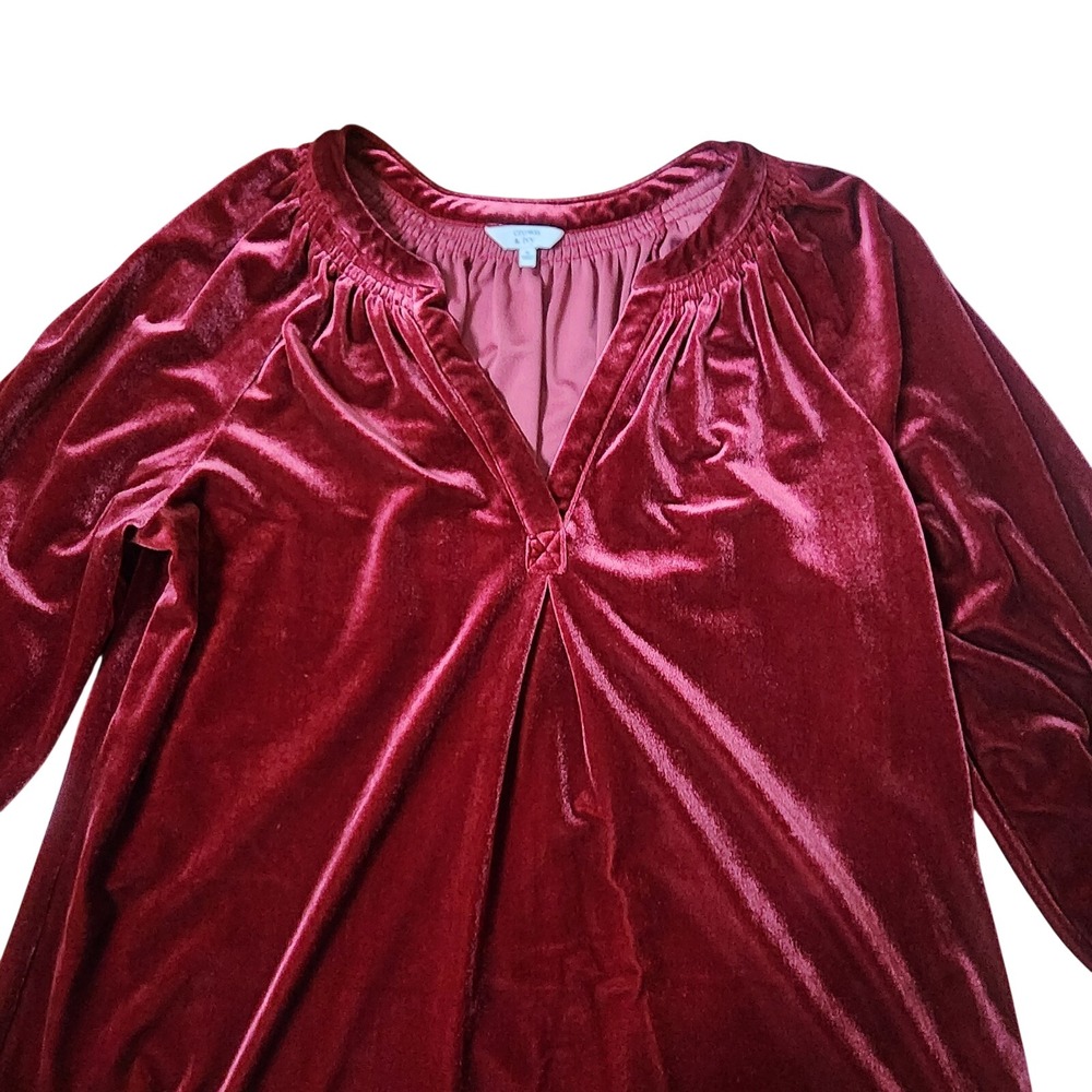 Crown & Ivy Velour Burgundy Peasant Top 3/4 Sleeve Stretch Whimsigoth Bohemian M